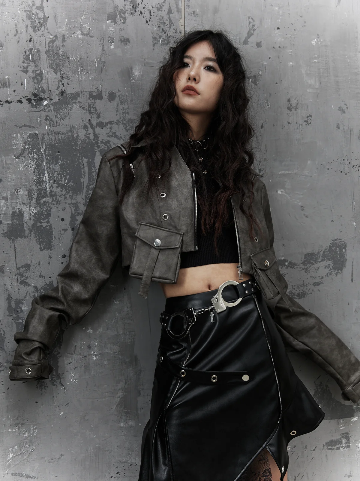 Retro punk tingimento e descoloração ort solto zíper couro jaet street sle feminino primavera faion outerwear