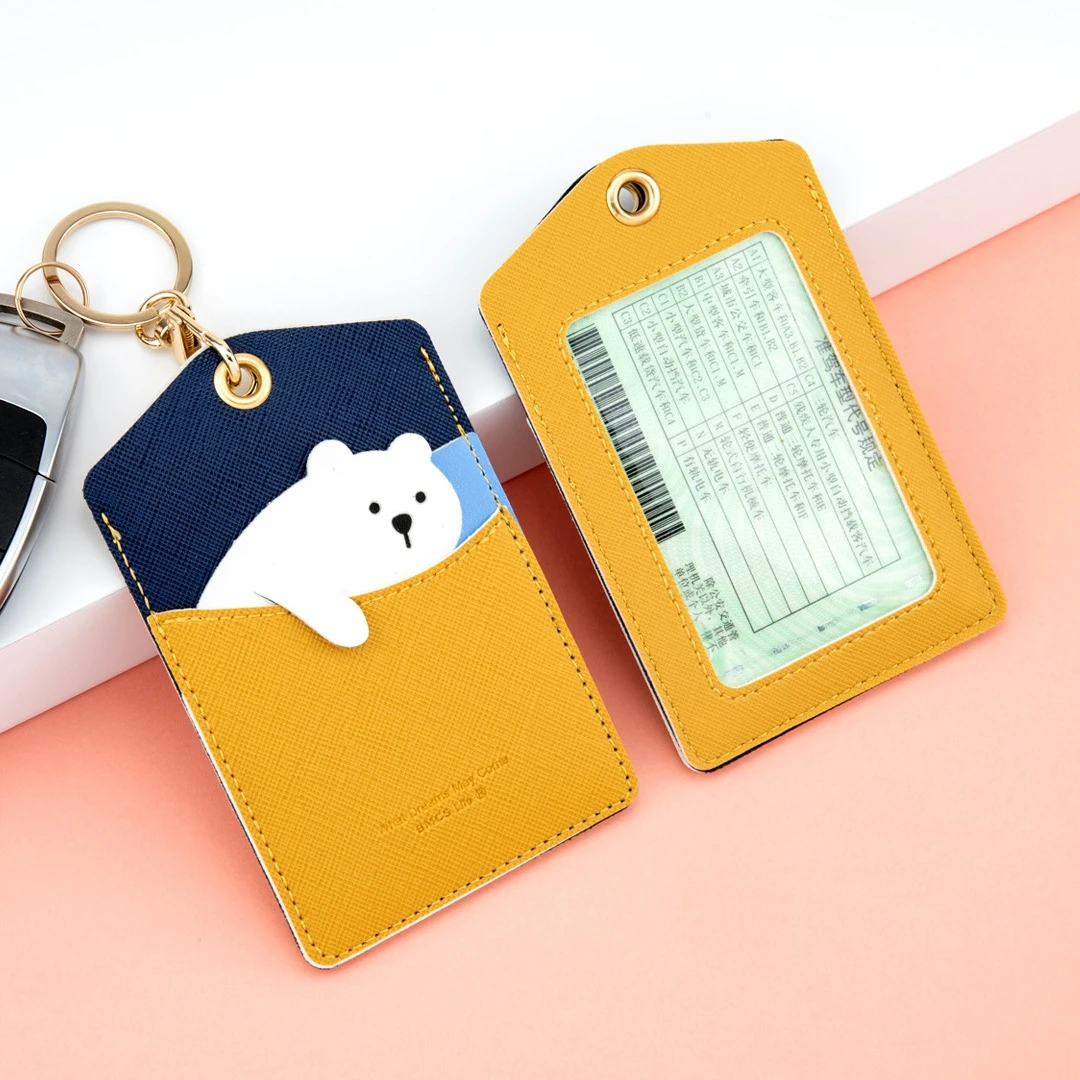 Simpatico sacchetto per carte con animali con portachiavi Porta carte creativo Porta carte d'identità in PU Copri carte da lavoro Portachiavi con ciondolo per regalo da donna