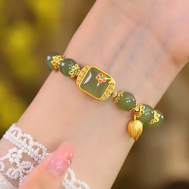 Chinese Style Imitation Hetian Jade Lotus Pendant Bracelet Vintage Beaded Bracelet For Women Light Luxury Fashion Jewelry Gifts