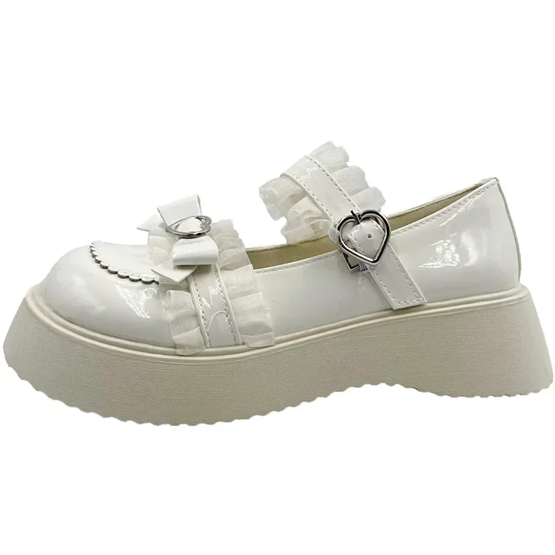 Ladies Sweet Lace Bowknot Lolita Shoes Women Heart Buckle Patent Leather PU Mary Janes Woman Round Toe Platform Flats Shoes