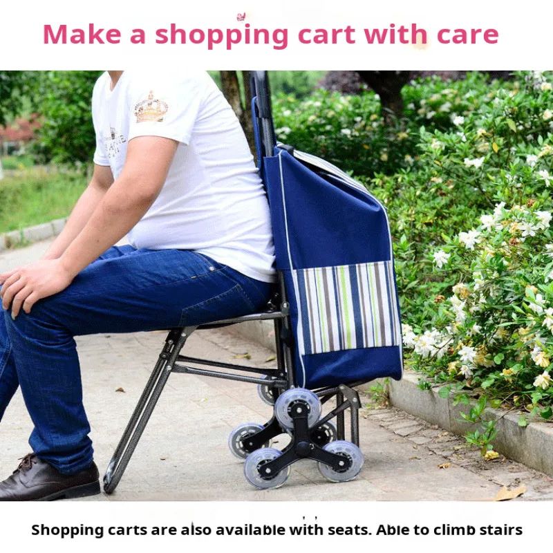 Portable Folding Shopping Cart for Elderly SixWheel Telescopic Supermarket Grocery Cart with Stool