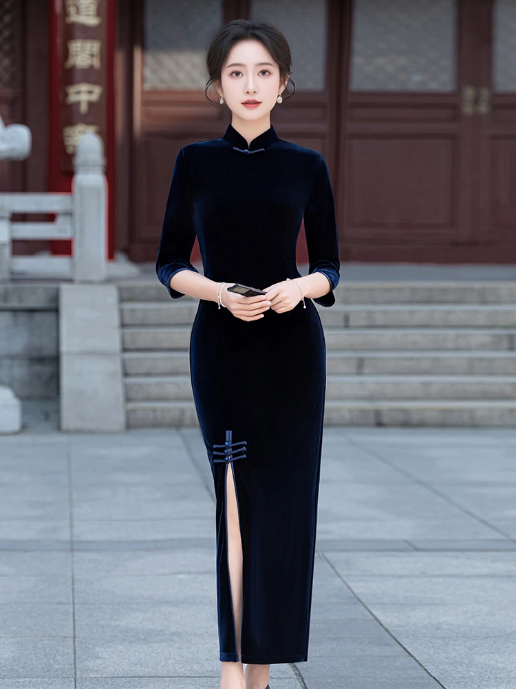 

Ele Long Velvet Qipao Dr with Slit for Mom Autumn New Sle Mid-Sve Front Split Daily Wear High-End Feel Polyester ...