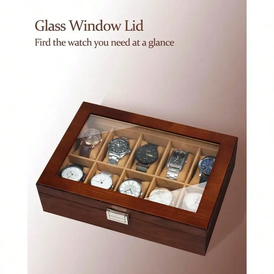 New Watch Box 10 Slot Watch Case With Real Glass Lid Wood Watch Display Case With Cloth Watch Pillow Watch Storage Box For Men And Women Brown view 4