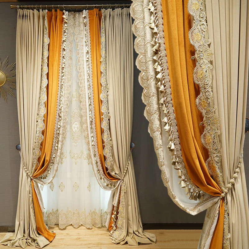 

Custom curtain luxury European velvet fabric thickened stitching living room beige cloth blackout curtain tulle drape C1109