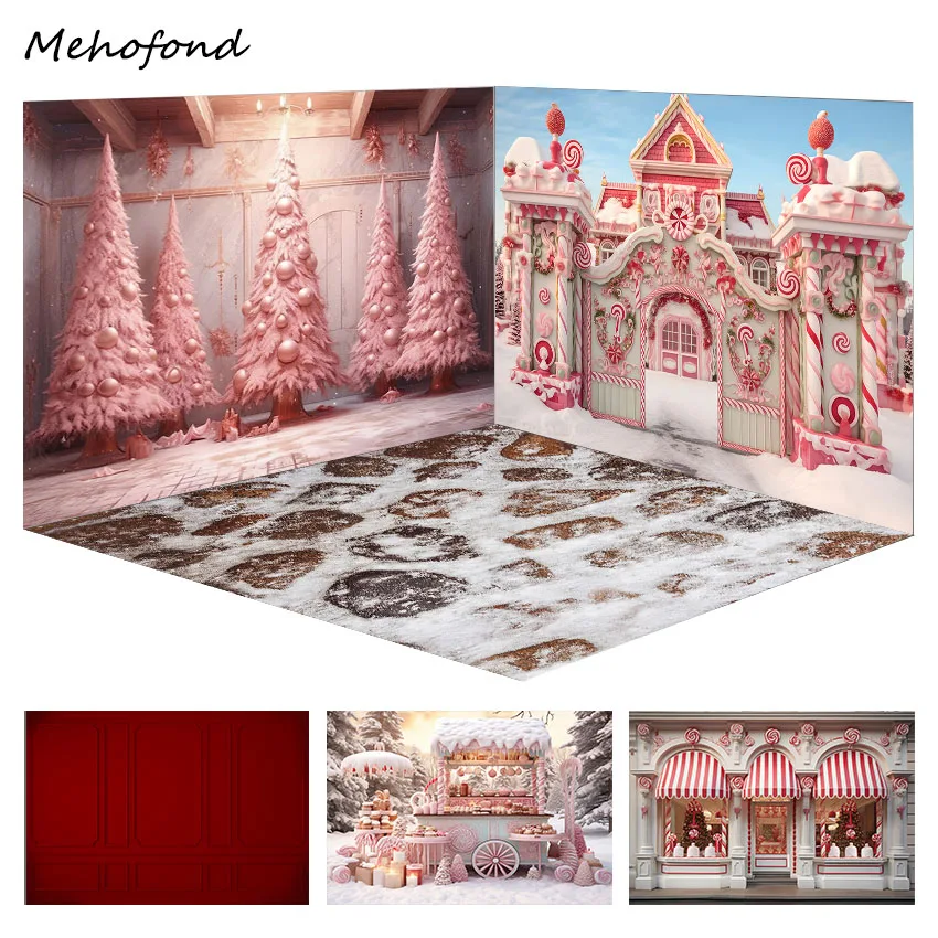 

Mehofond Photography Backdrop Christmas Pink Candy Store Kid Birthday Party Xmas Tree Sweet Castle Wreath Decor Photo Background