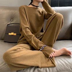 Chic Cashmere Sweater + Wide Leg Pants Women Elegant Winter Fall Business Pants Sets Ladies Streetwear Luxury Knit 2 Piece Sets