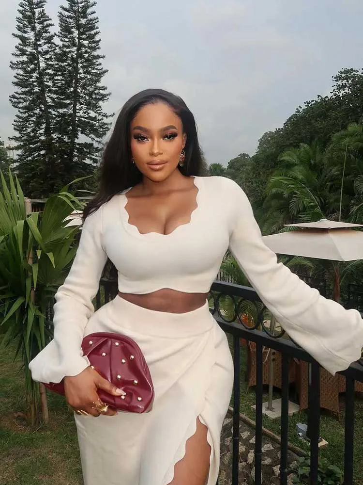 Summer 2 Piece Outfits Woman Square Collar Long Sleeve Top Slimming and Slit Dress Chic Elegant Women Sets Skirt Beige