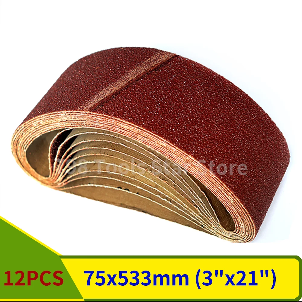 12 szt. 533*75mm pasy szlifierskie 80/120/150 mieszane ziarno 3 "* 21" pasy ścierne z tlenku glinu do drewna miękki metal szlifowanie polerowanie