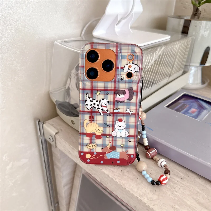 Корейский чехол для телефона с красным, синим клетчатым узором для iPhone 16 Pro 15 14 17 Pro Max, задняя крышка с ремешком-цепочкой, защитные чехлы для Gir