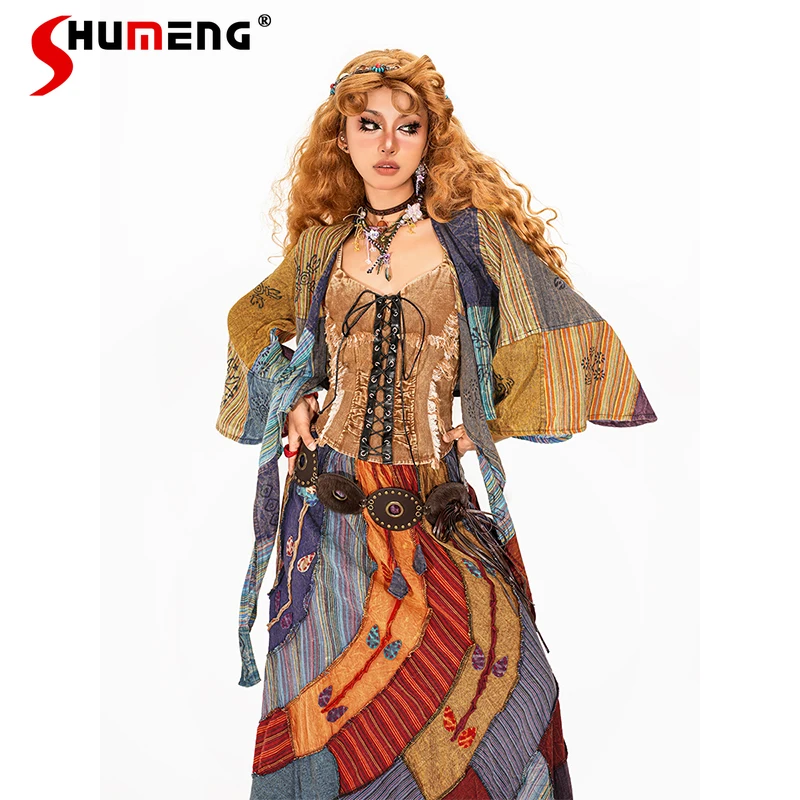 

2025 Summer New Japanese Retro Style Strap-on Shirt Ladies Splicing Irregular Soft Girl Cardigan Top Blouse For Women's Clothing