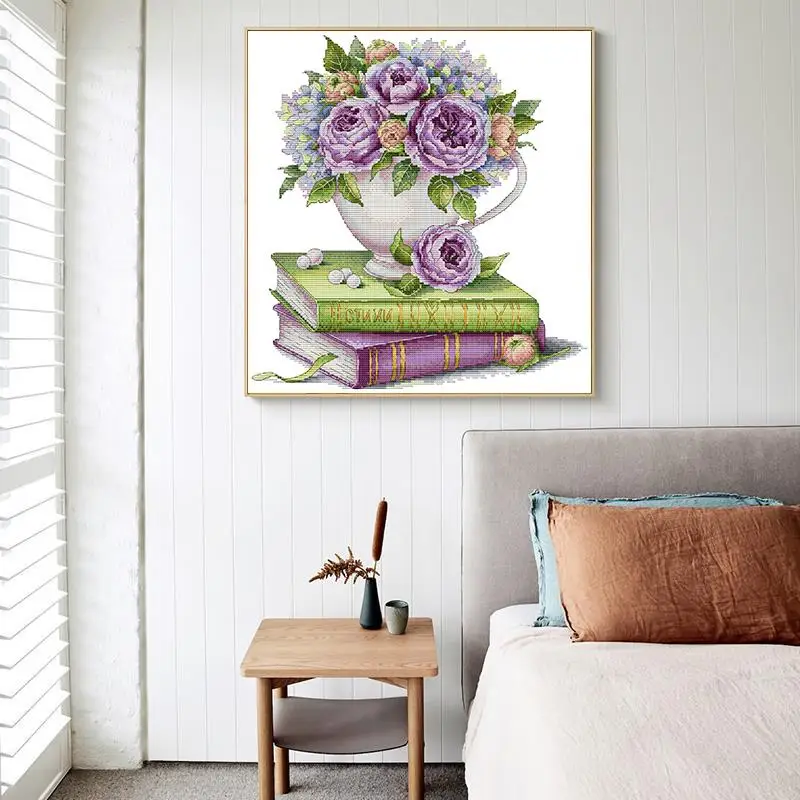 Roses and Books Printed Cross Stitch Kit DIY Floral Pattern Embroidery Needlework Aida 14CT 11CT White Fabric Set Home Decor