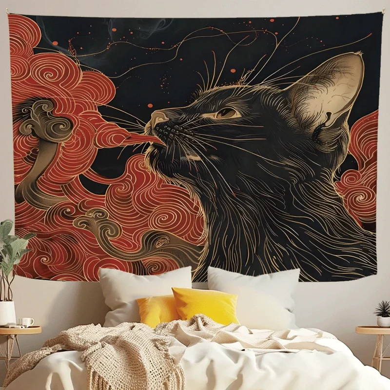 VIKAMA Black Cat Tapestry Gold Line Art Red Swirl Clouds Japanese Ukiyo-e Aesthetic Wall Hanging Dorm Room Decor Backdrop