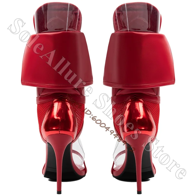 Red Fold Over Cuff Stiletto Heel Ankle Boot Sandals Open Square Toe Mesh Patchwork Lace Up High Top Sexy Party Ladies High Heels view 4