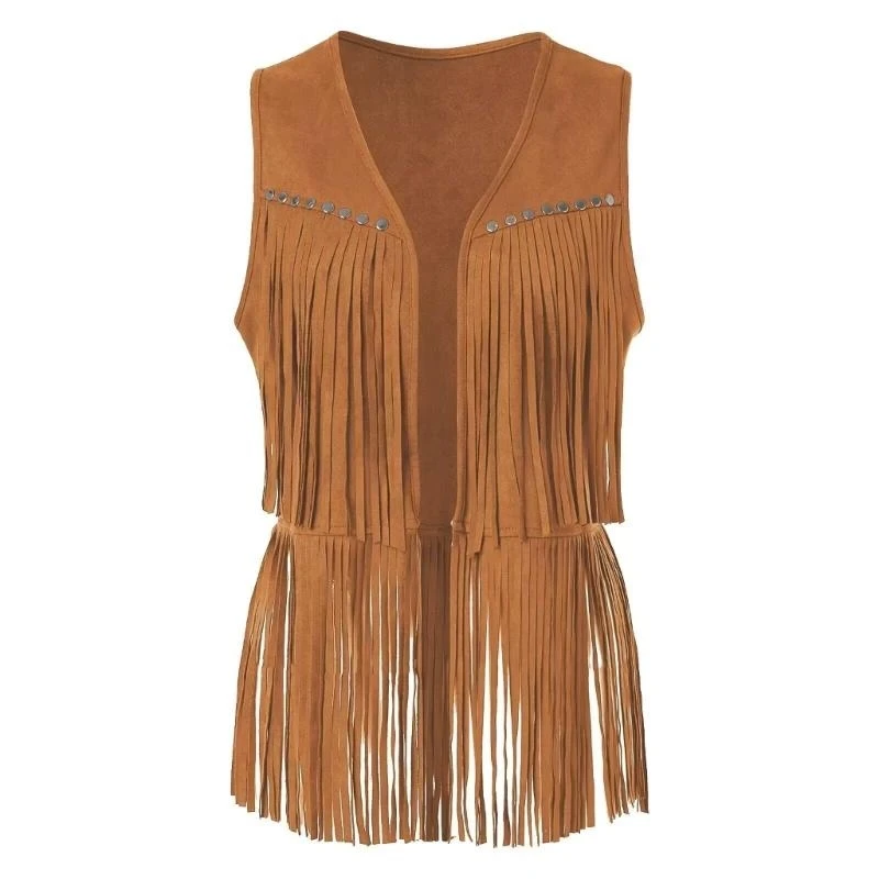 

Women's Hollow Out Fringe Trim Sleeveless Faux Suedes Vest Cardigan Coat Jackets
