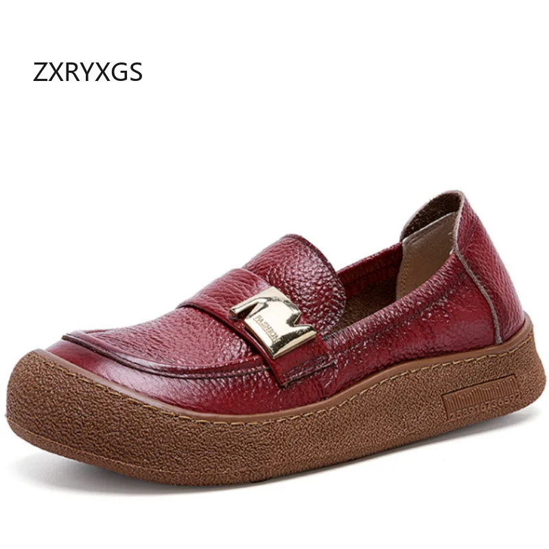 

ZXRYXGS 2025 New Spring Round Toe Comfortable Shoes Flat Soft Sole Non-slip Women Casual Sneakers Genuine Leather Trendy Shoes