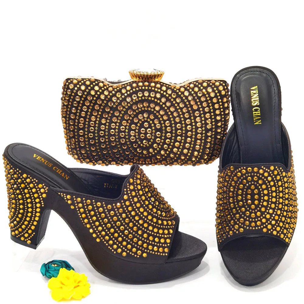 

Black/Gold Color Party shoes and bags set Italian design Nigeria women's shoes and bags to Match African Fashion shoes