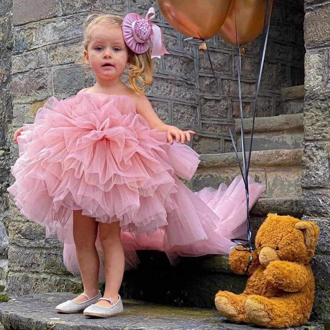 

Flower Girl Dress Pink Short Single Sleeved Fluffy Sequin Crystal Embellishment Wedding Flower Children Communion Party Dress