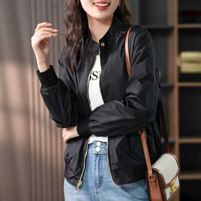 

Baseball Aviator Coat Woman Zip-up Black Spring Autumn Plain Bomber Jacket for Women 2025 Trend Fashion High Quality Long Sleeve