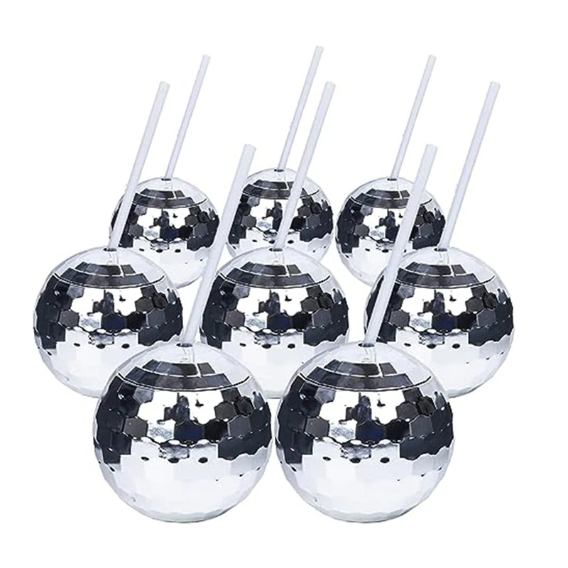 Glitter Ball Cups Round Ball Cups Plastic Cups Straw Cups 8Pcs Reusable Cocktail Glasses For New Year's Eve, Party Easy To Use