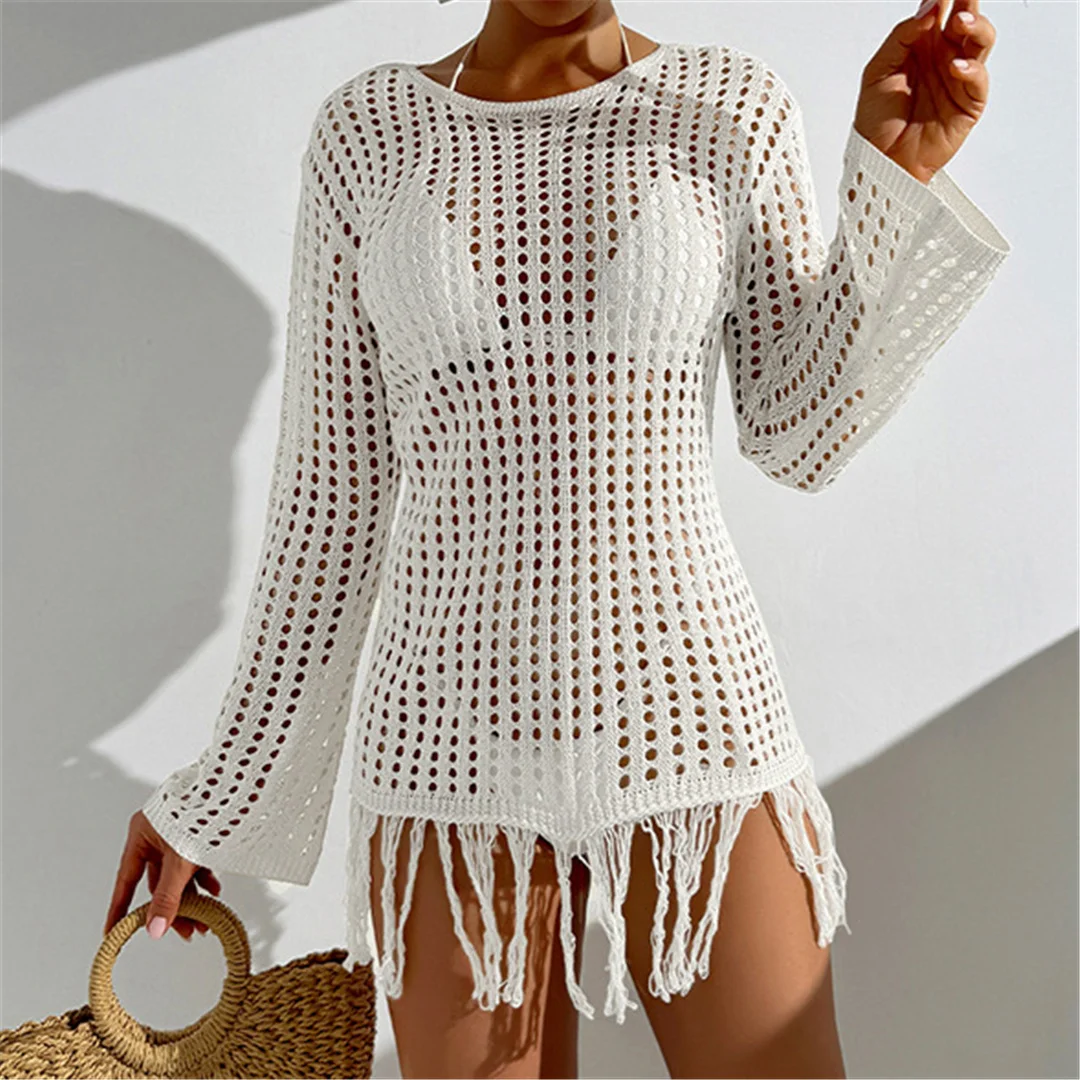 Quaste Langarm Aushöhlen Häkeln Gestrickte Tunika Frauen Strand Cover Up Cover-ups Strand Kleid Strand Tragen Weibliche beachwear
