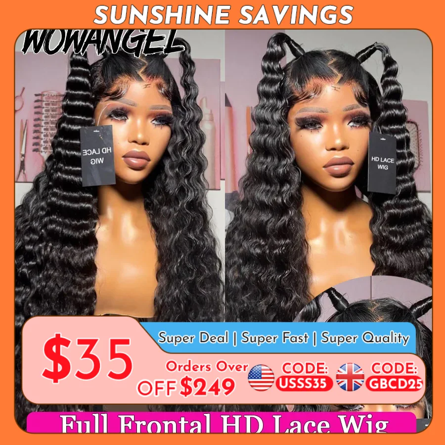 Wowangel 13x6 HD dentelle frontale perruque lâche vague profonde perruques fondre peau 34 pouces HD dentelle avant perruque de cheveux humains cheveux brésiliens pré plumés