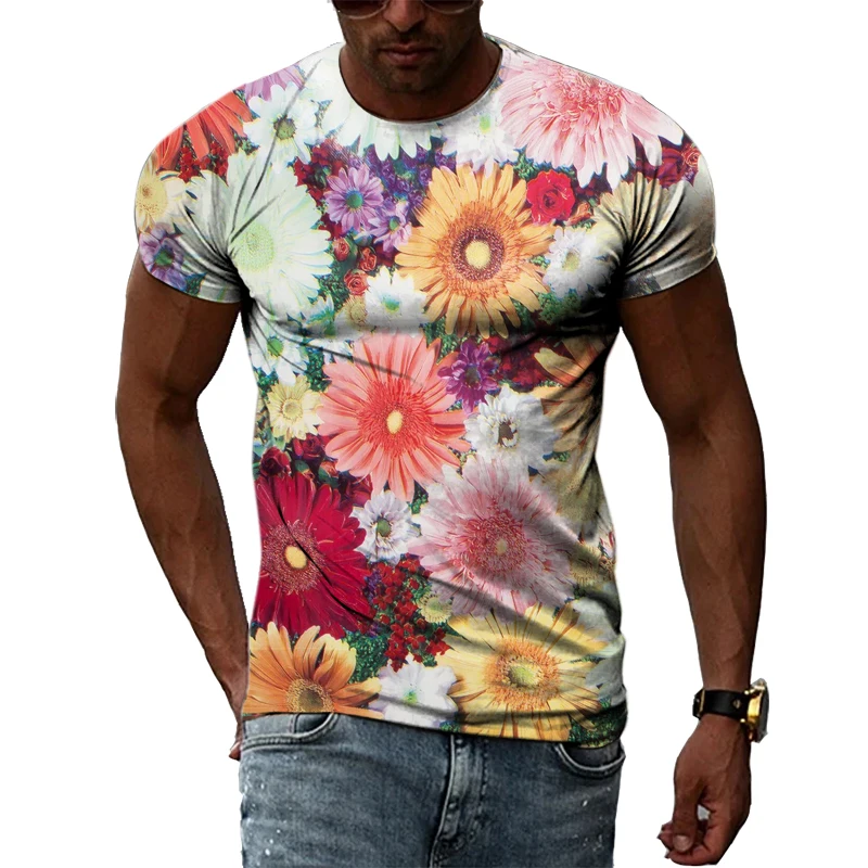 Summer Fashion Personality Flowers graphic t shirts Men Casual 3D Printed Short Sleeve Tees Hip Hop Trend Harajuku O-neck Tops