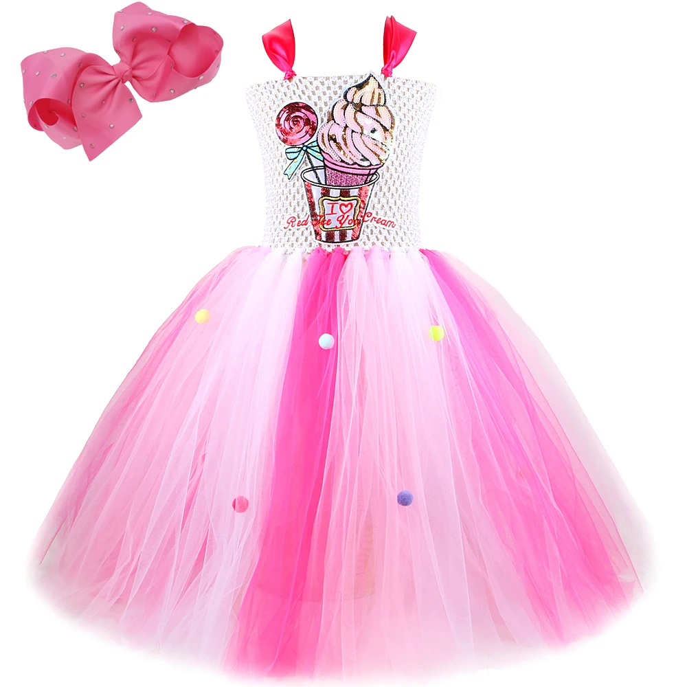 Sparkly Ice Cream Long Tutu Dress for Girls Christmas Halloween Costumes Kids Candy Birthday Outfits with Bow Princess Ball Gown