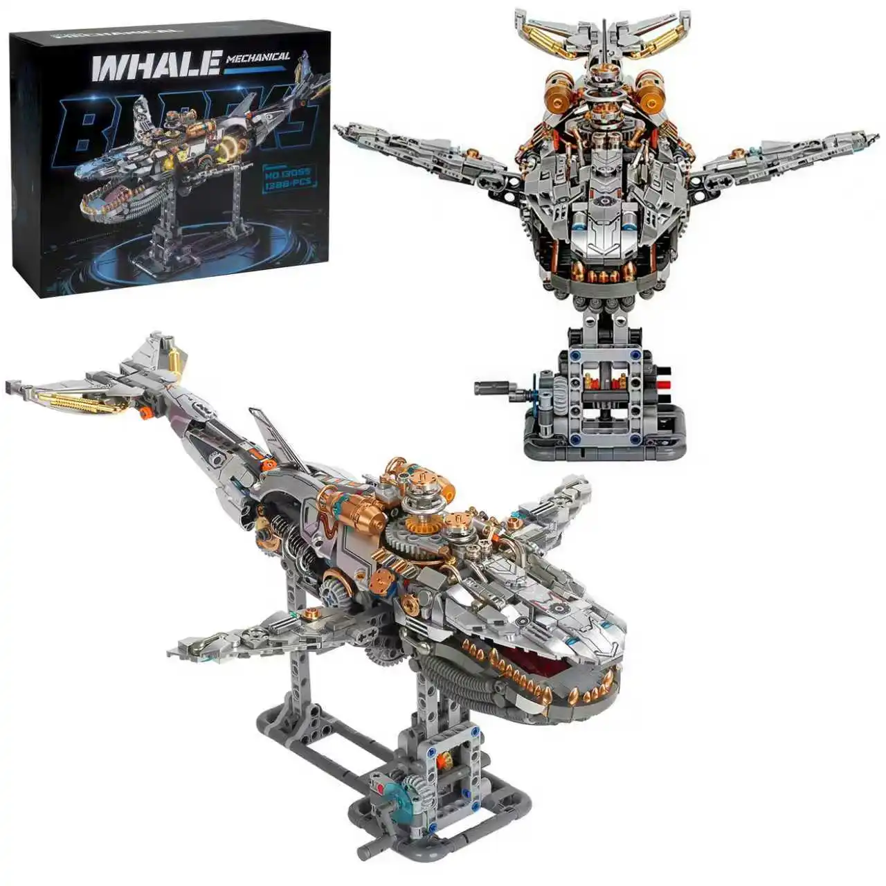 FUNXINEE 1388Pcs Ocean Life Mechanical Whale Blocks With Light Power Module Bionic Motion Creative Ornament MOC Gift Box