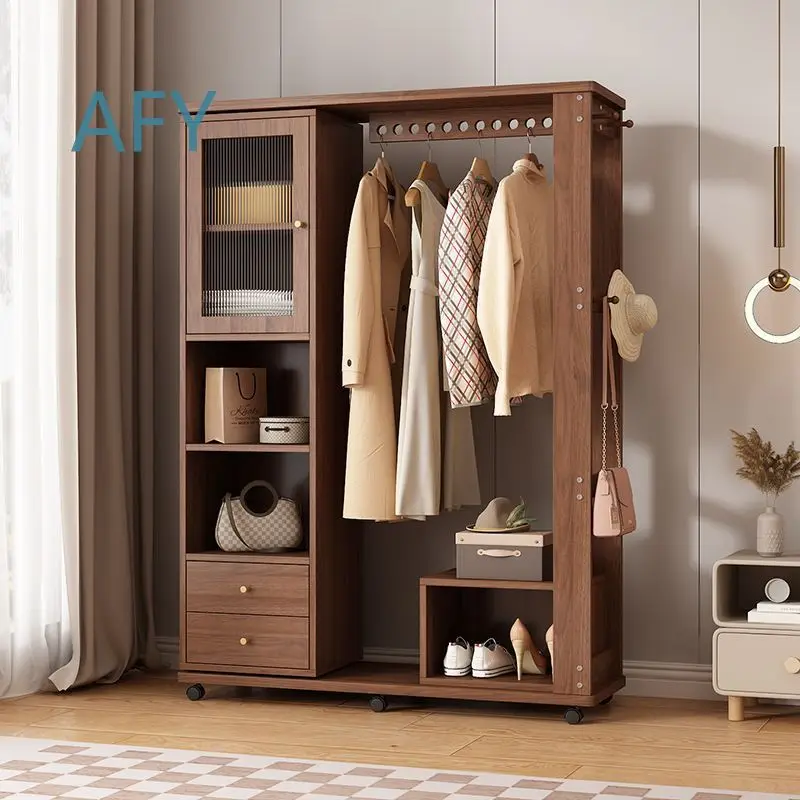 Solid Wood Full Body Clothing Rack with Mirror for Home Bedroom Wardrobe Organizer Multi Functional Standing Coat Hanger