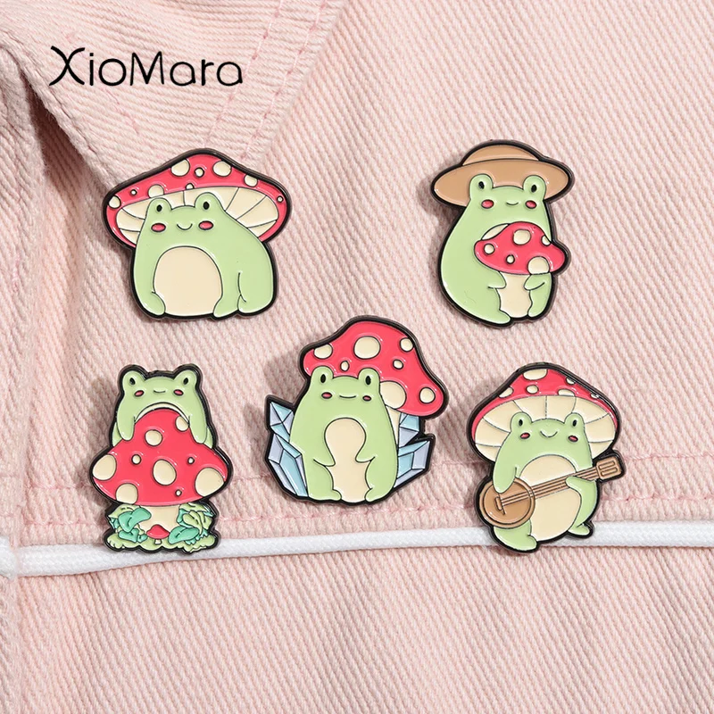 Cute Mushy Frog Enamel Pins Cartoon Happy Froggy Mushrooms Brooches Lapel Backpack Badges Animal Jewelry Gift for Kid Friends