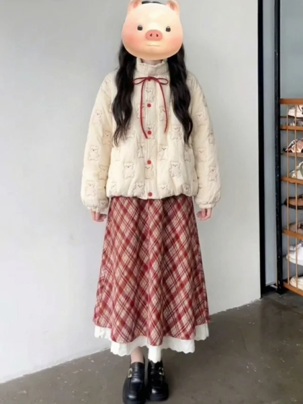 

Теплый клетчатый комплект Cisas, новогодний зимний комплект, женский повседневный костюм с длинной юбкой-трапецией све, костюм из двух предметов