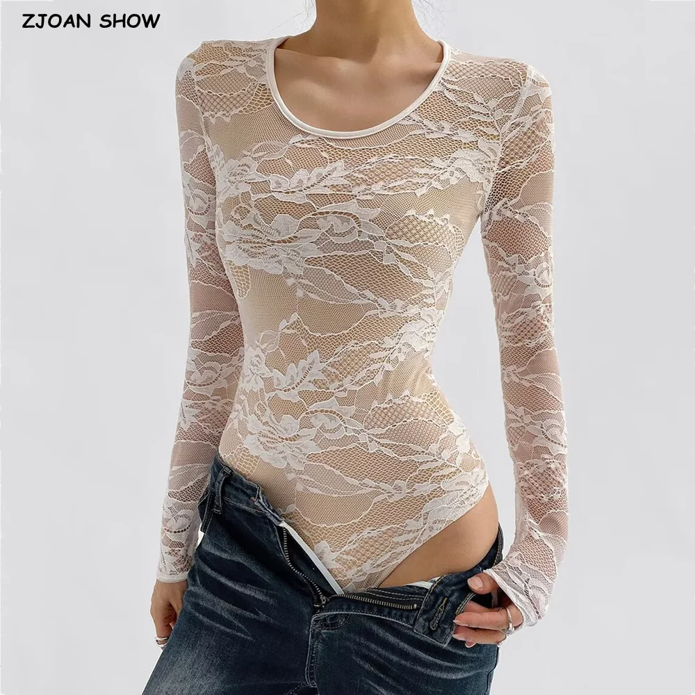 2 colors 2025 Autumn See Through Lace With Lining O Collar Long sleeve Bodysuit Sexy Woman Jumpsuit Slim Rompers Playsuits White