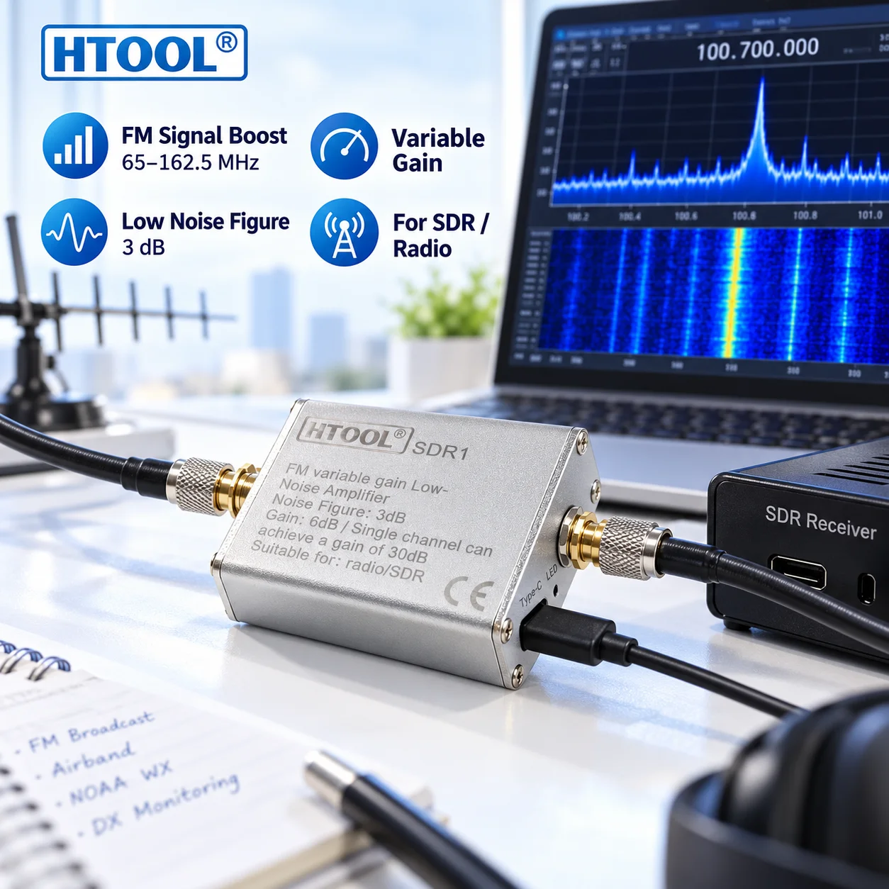 HTOOL SDR1 FM Low Noise Amplifier 65-162.5MHz 30dB Variable Gain RF Signal Booster for SDR Radio Receiver