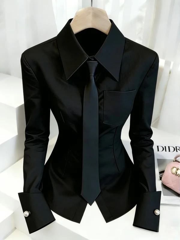 

Bla Long Sve Slim Fit Faionable Busin irt Button up High Collar Knitted Top for Women Comfortable Daily Wear