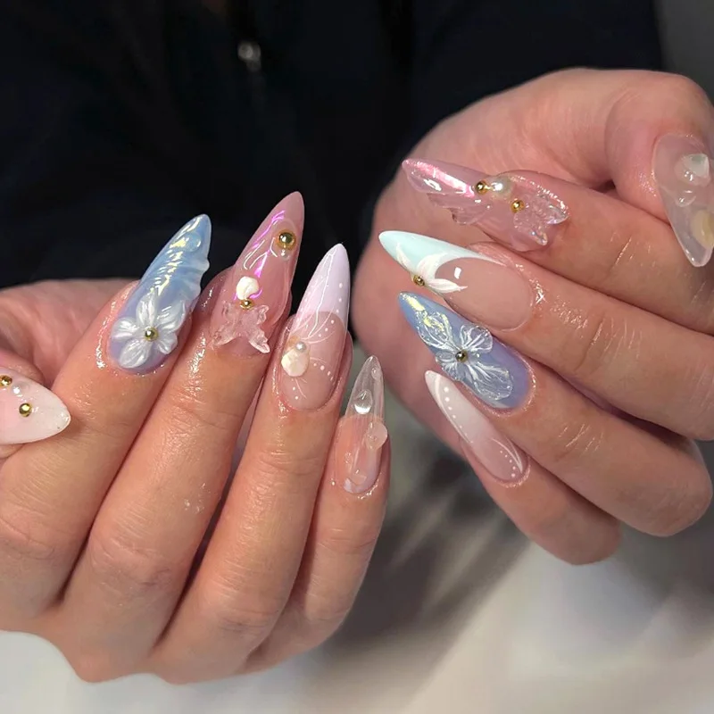 

24Pcs Mid-length French Almond Full Cover Nails Tips with 3D Butterfly Flower Design Press on False Nails Art Reusable Fake Nail