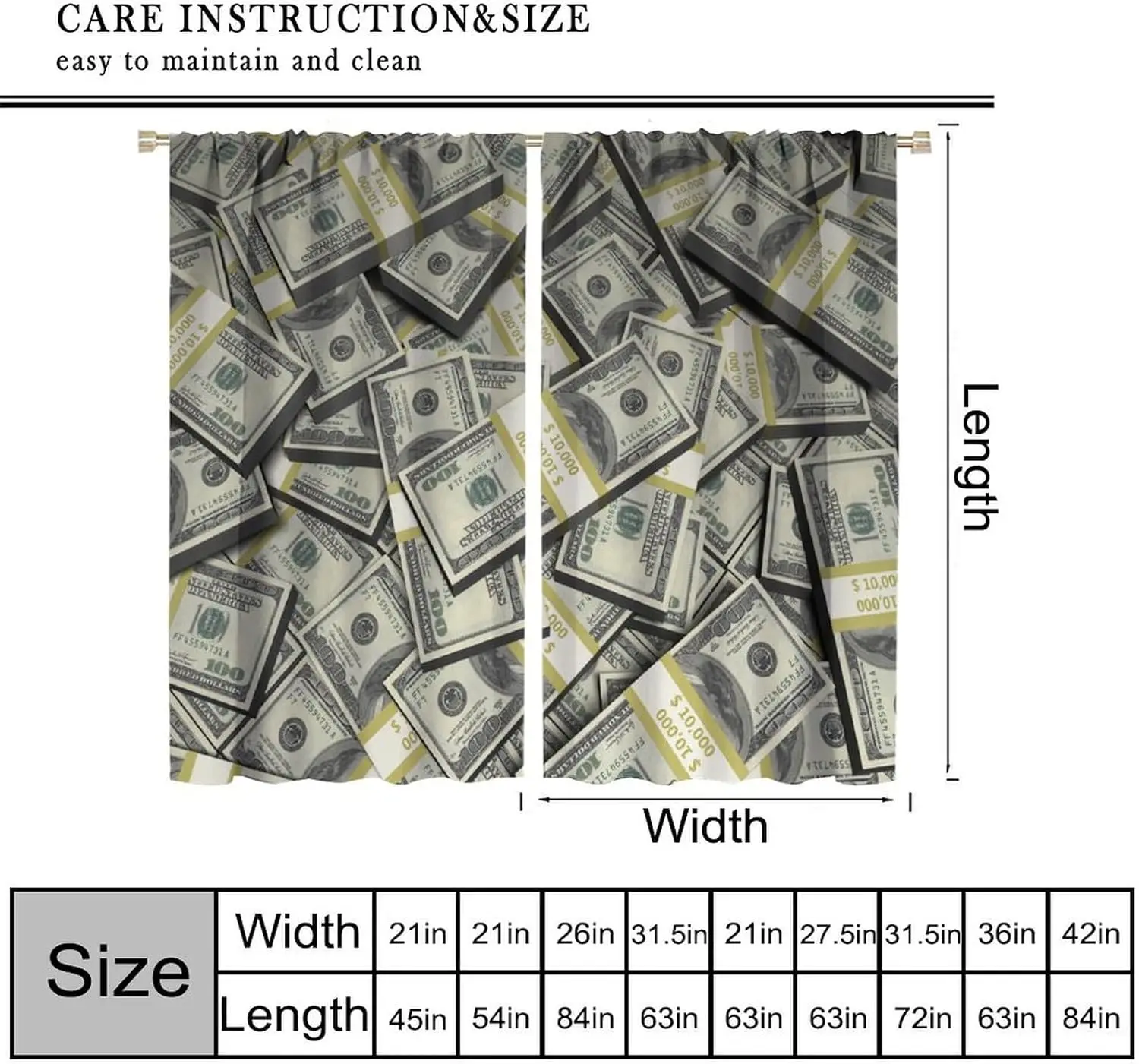 Money Dollar Bill Curtains Funny Cash Print for Game Room Office Novelty Window Decor