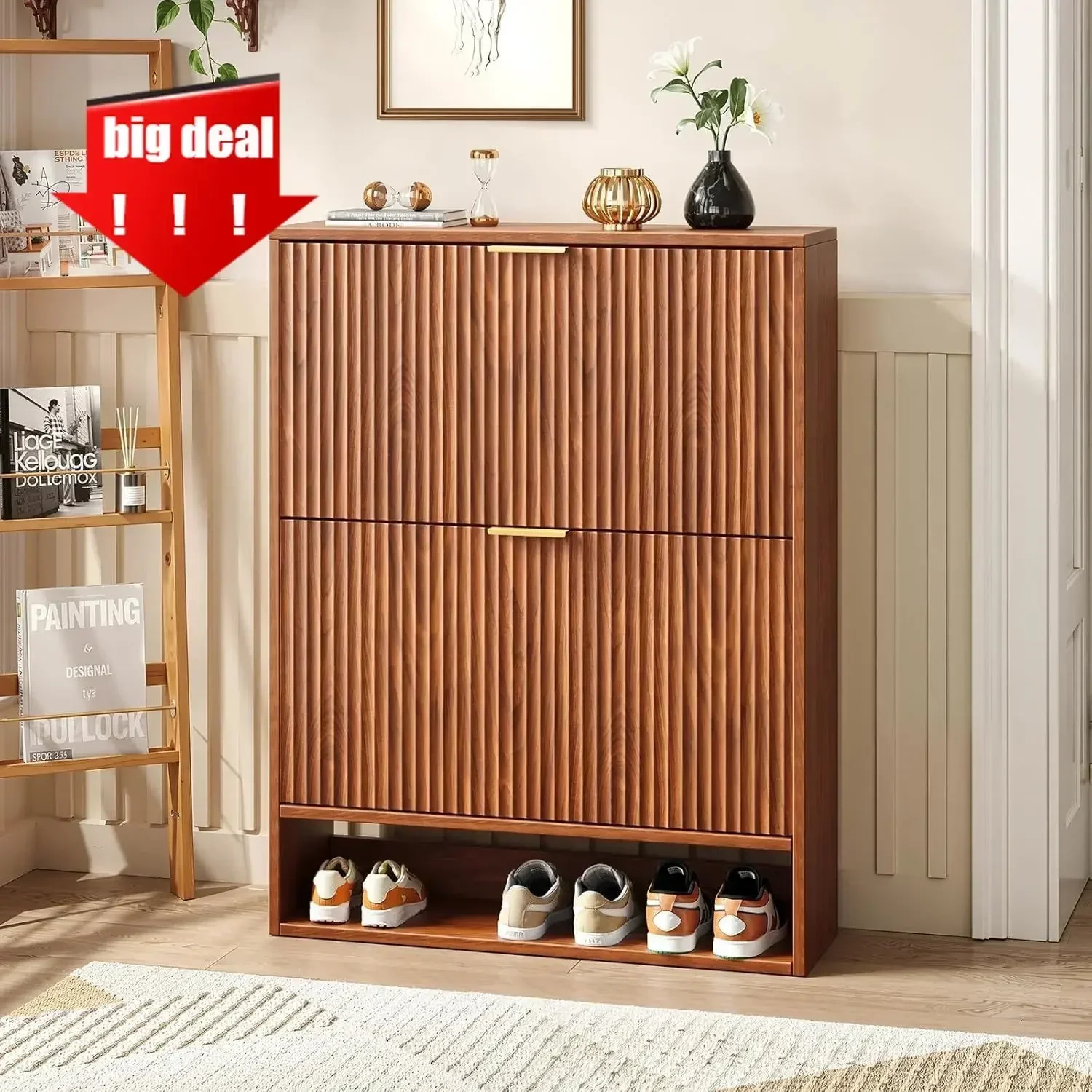 Hot salesHot sales31.5''W Walnut Shoe Storage Cabinet For Entryway With 2 Flip Drawers, Narrow Wood Fluted Shoe Rack Cabinet,Fre