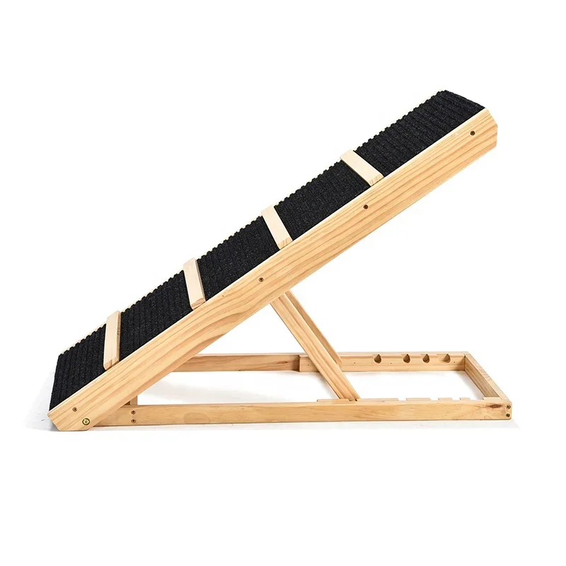 

-Non-Slip Soft Carpet Surface 5 Heights Adjustable Folding Portable Wooden Cat Dog Stairs Pet Ramp