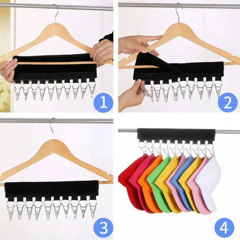 10 Clips Hats Organizer Rack Hanging Peaked Cap Scarf Storage Rack Hanger Multifunctional Closet Wardrobe Storage Holder