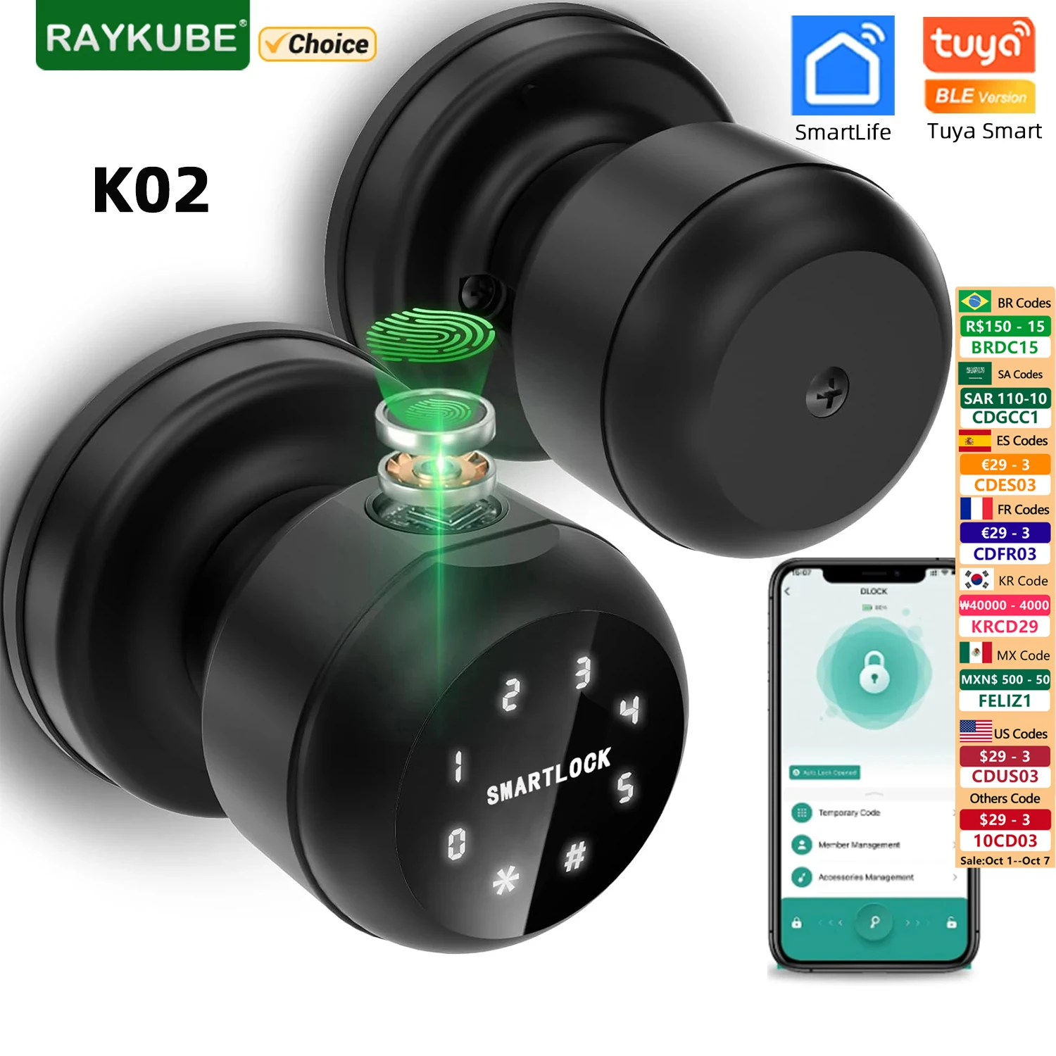 RAYKUBE K02 manopola rotonda Fingerprint Smart Lock Tuya Bluetooth biometrico con chiave meccanica/Password/APP sblocca facile sostituzione