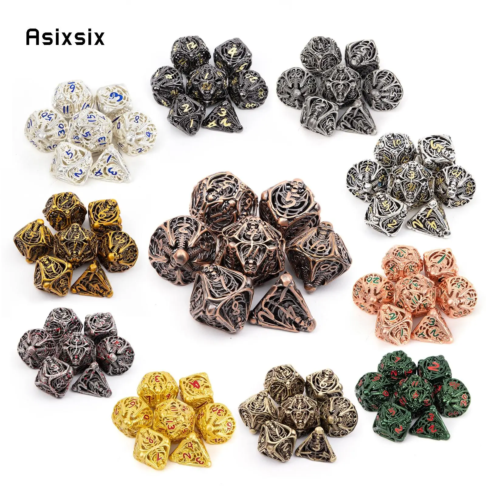 7 Pcs All Kinds of Color Skull Metal Dice Hollow Metal Polyhedral Dice Set Suitable for Role-Playing RPG  Board Game Card Game