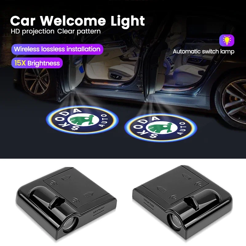 

Украшение двери автомобиля, светодиодная беспроводная лампа для проектора HD, приветственные огни для Skoda Octavia Fabia Kamiq Kapoq Kodiaq, аксессуары Rapid