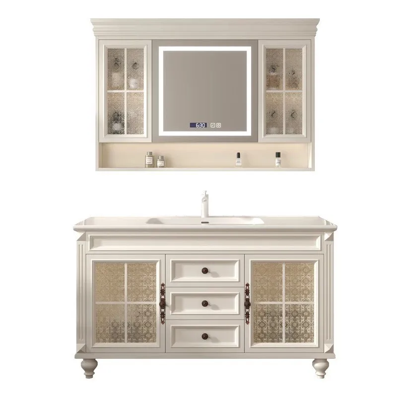 Factory Direct 2026 French retro bathroom cabinet combination American bathroom washstand Floor-to-ceiling rock slab wash basin