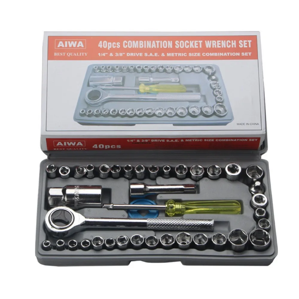 40 Pcs/set Durable Socket Wrench Set 1/4 and 3/8 Inch Tool With Case Drive Hex Socket Mechanics Kit Chrome Vanadium Steel