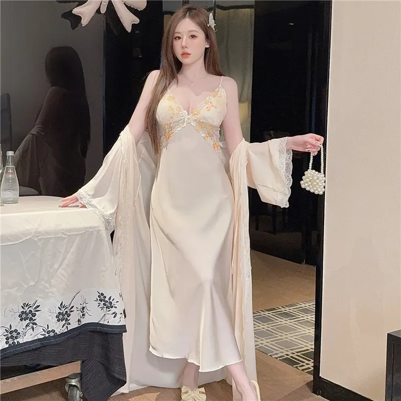 Pajamas Women's Long Nightgown with Chest Pad Two-piece Set High-end Elegant Long Skirt Nightgown Loungewear 2