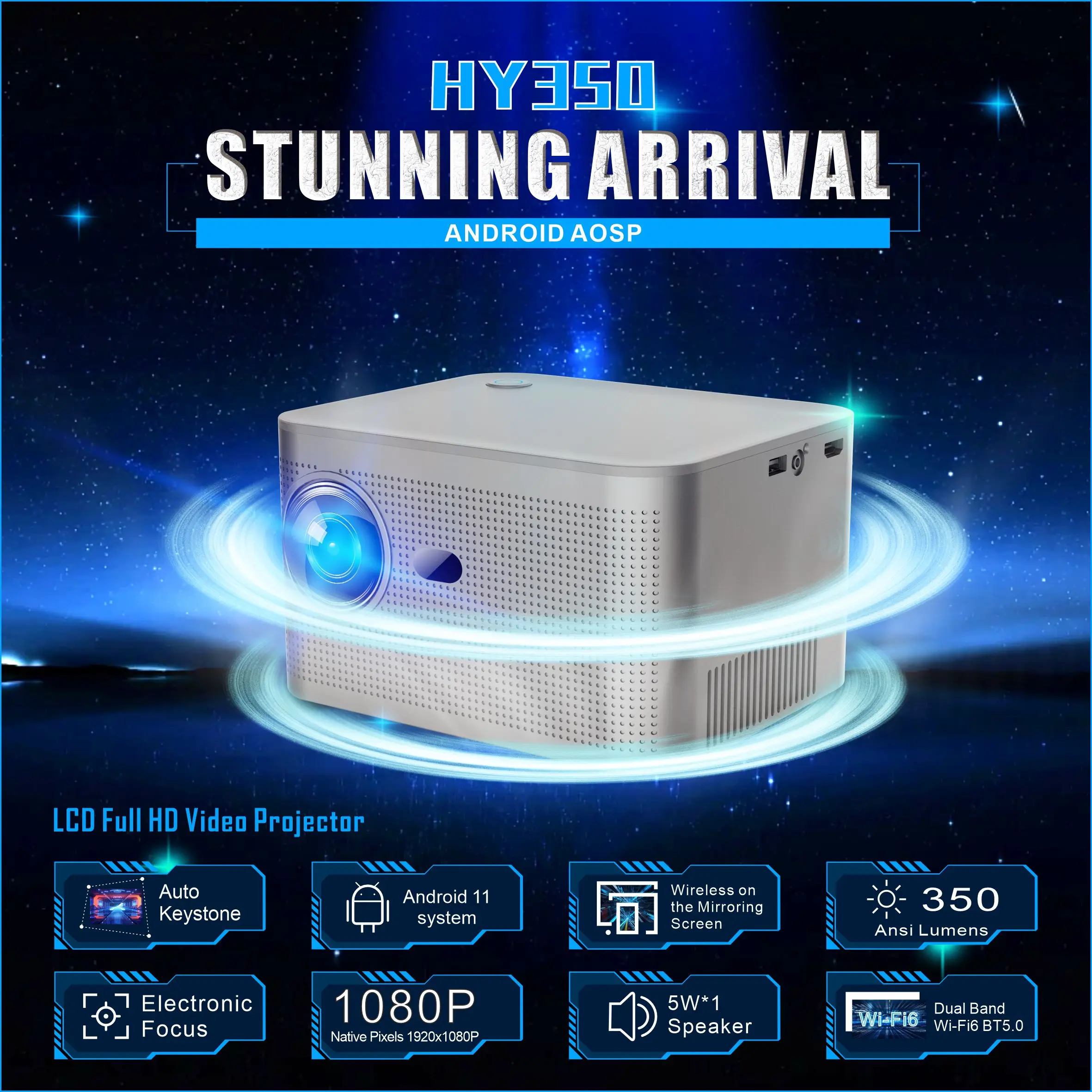 NEW HY350 Home Projector 4K HD Android 11 Dual Band WIFI 6.0 350 ANSI BT5.0 1920*1080P Portable Projector