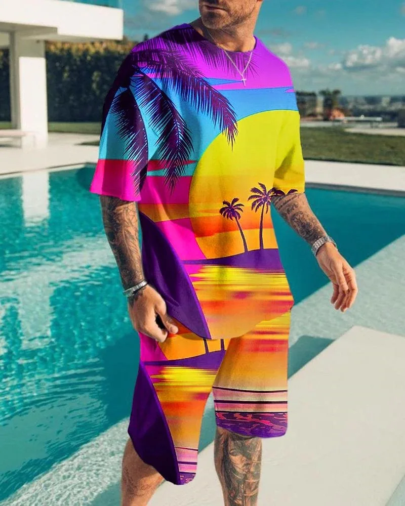 Männer Strand T-Shirt Kurzarm Set lässig 2 Stück Set übergroße Sport Set Kokosnuss baum Hawaii Mode Top Urlaub Essentials