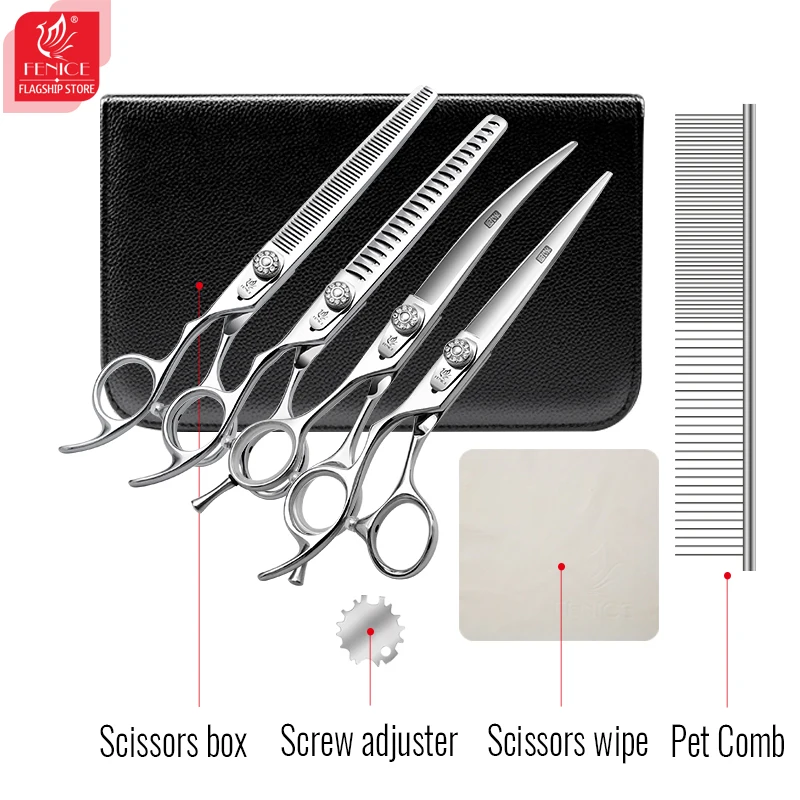 Fenice JP440C Left Hand 7 Inch Professional Pet Scissors Set Dog Grooming Kits Scissors Straight Curved Chunker Thinner Shears