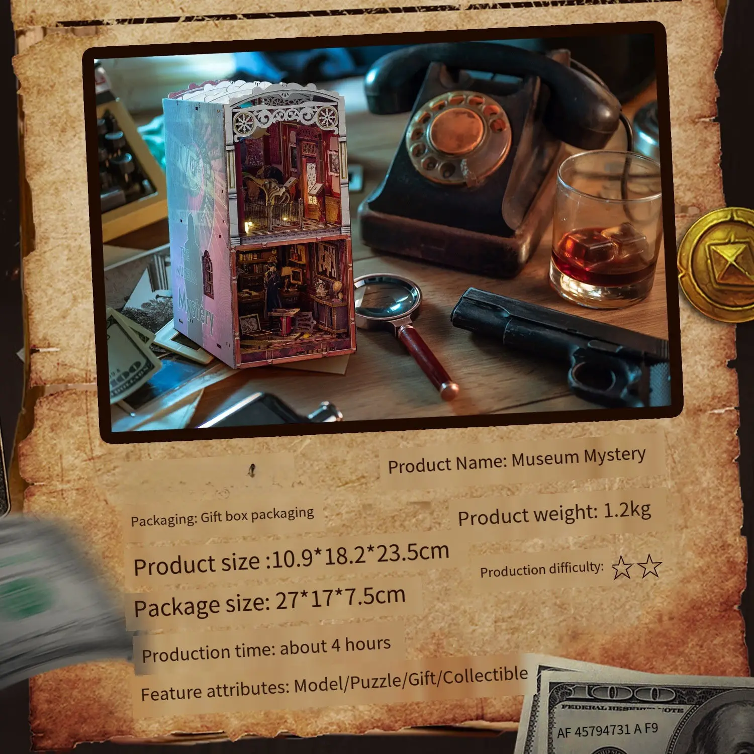 Kit fermalibri fai-da-te Mystery Detective - Modello 3D con custodia per suspense del museo, artigianato cerebrato assemblato a mano e regalo di festa