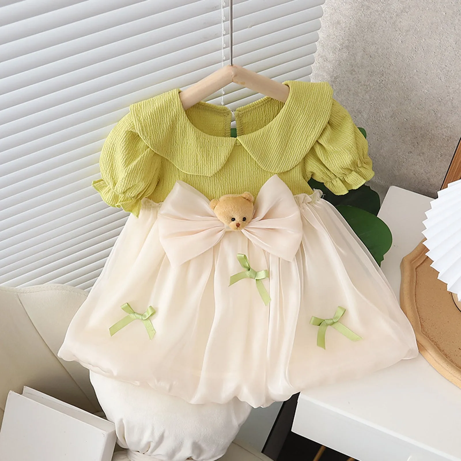 Kids Girls Bowknot Dress Summer Children Cute Cartoon Patchwork Princess Dress Baby Doll Collar Short Sleeve Party Gown Dress